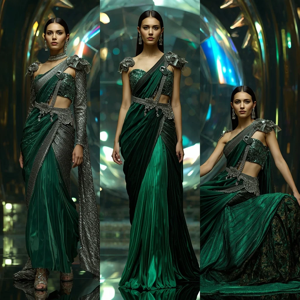 Emerald Quantum Flame Saree with Floating Prism Crystal Megadome | Gemini Ai Prompt - Girl Prompt