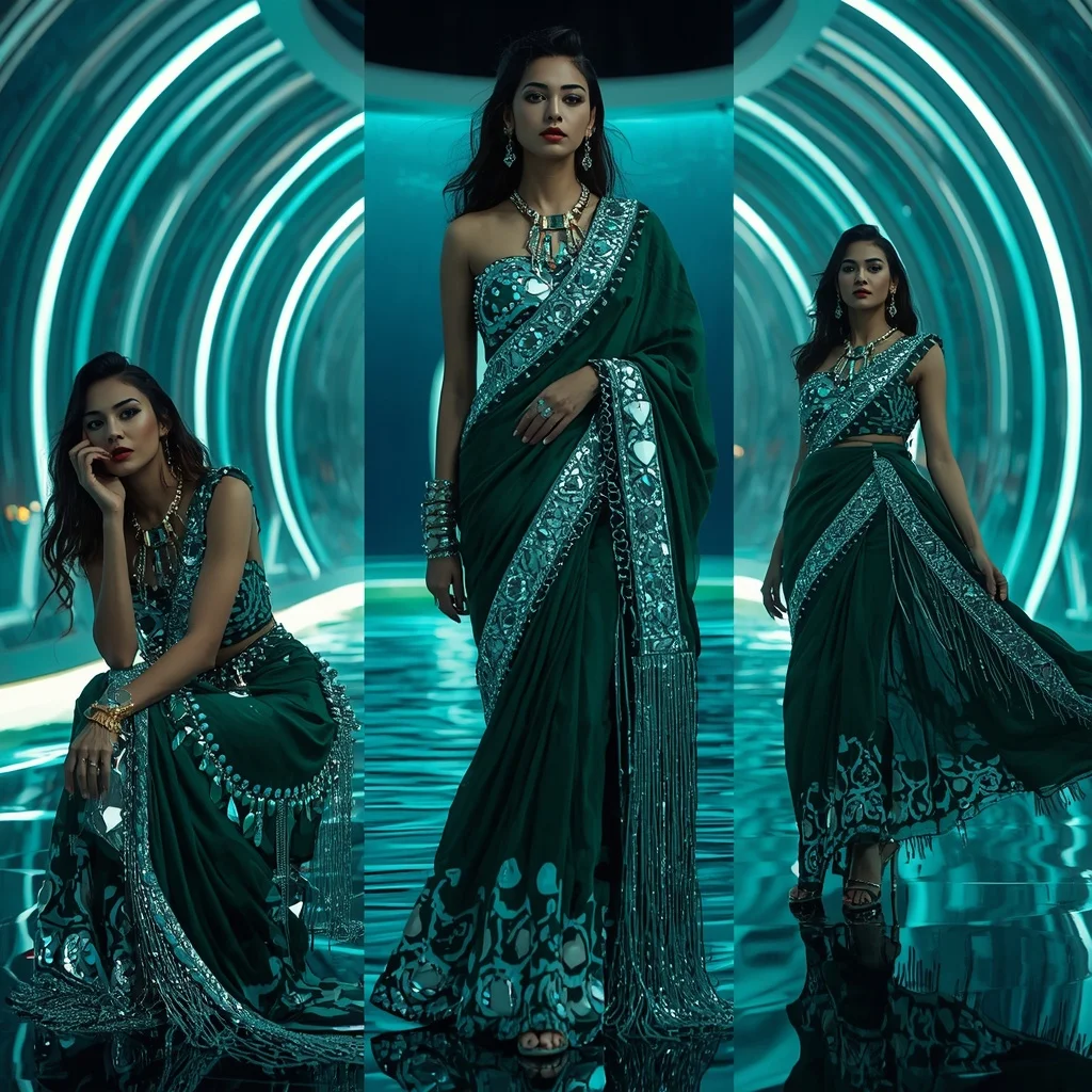 Emerald Storm Hyperloop Saree with Floating Infinity Water Observatory | Gemini Photo Editing Prompt - Girl Prompt