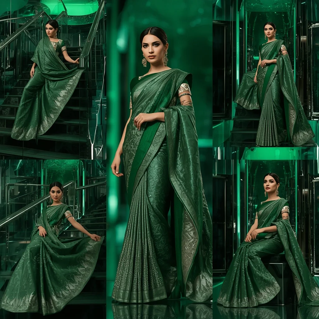 Emerald Thunder Mirage Saree with Floating Prism Waves | Free Ai Prompt - Girl Prompt
