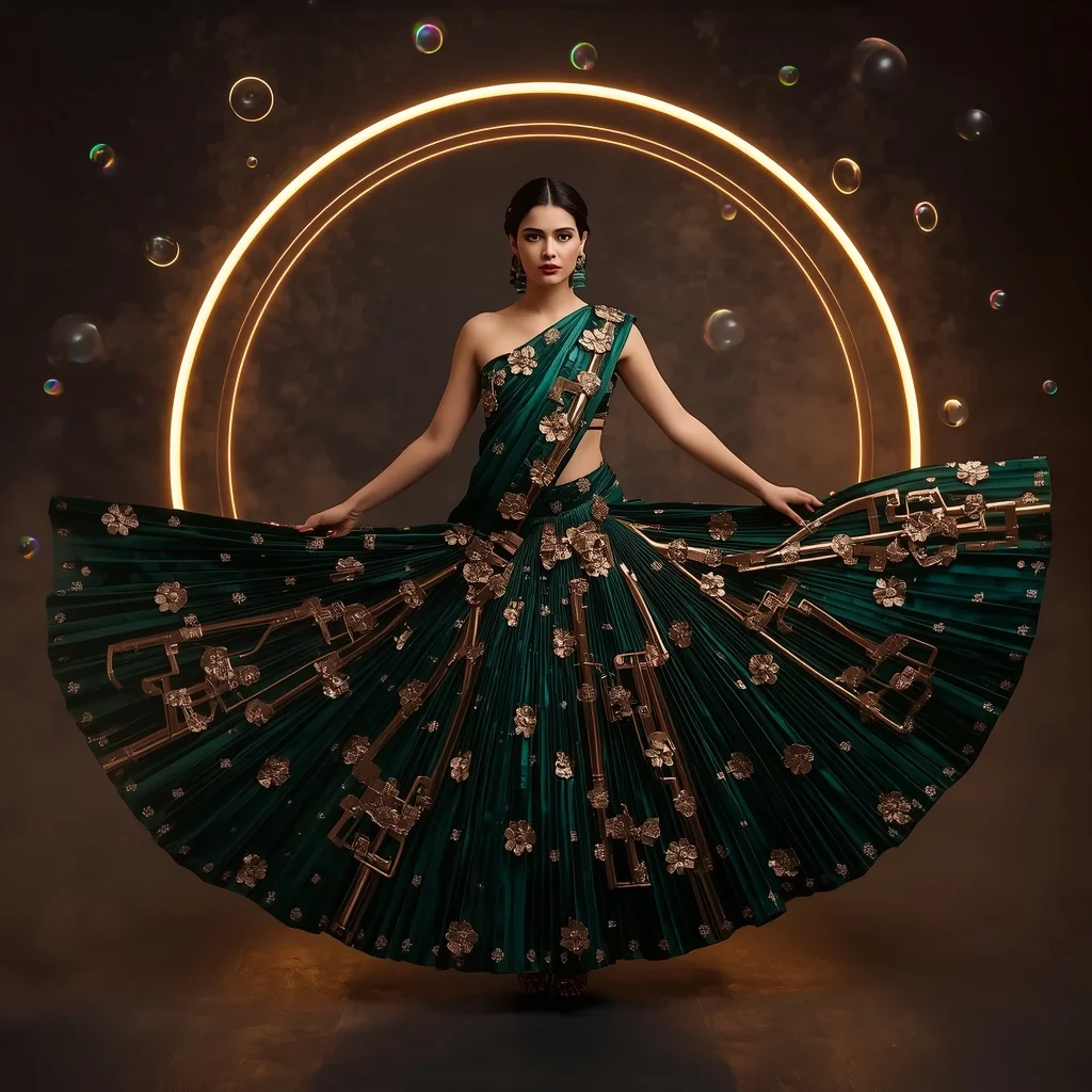 Fancy Festival Saree with 3D Molten Copper Architectural Flow | Instagram Post Ai Prompt - Girl Prompt