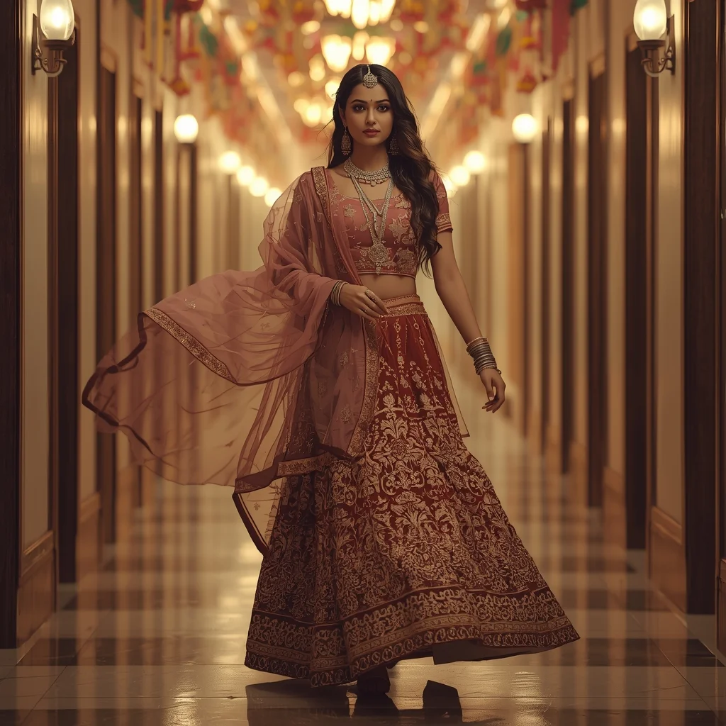 Festive Corridor Walk Pose with Motion Dupatta Effect | Prompt For Gemini Ai Girl Natural Images - Girl Prompt