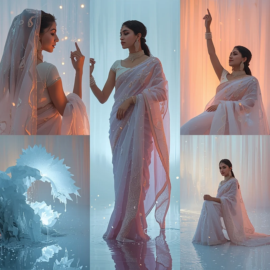 Festive Fancy Saree Cryo-Luminescent Frost-Weave | Ai Gemini Saree Prompt - Girl Prompt