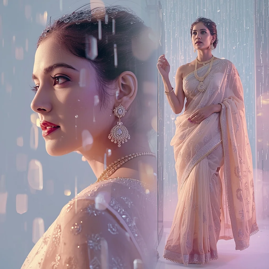 Festive Fancy Saree Frozen Time Raindrop Galaxy Collage | Saree Photoshoot Prompt Ultra Realistic - Girl Prompt