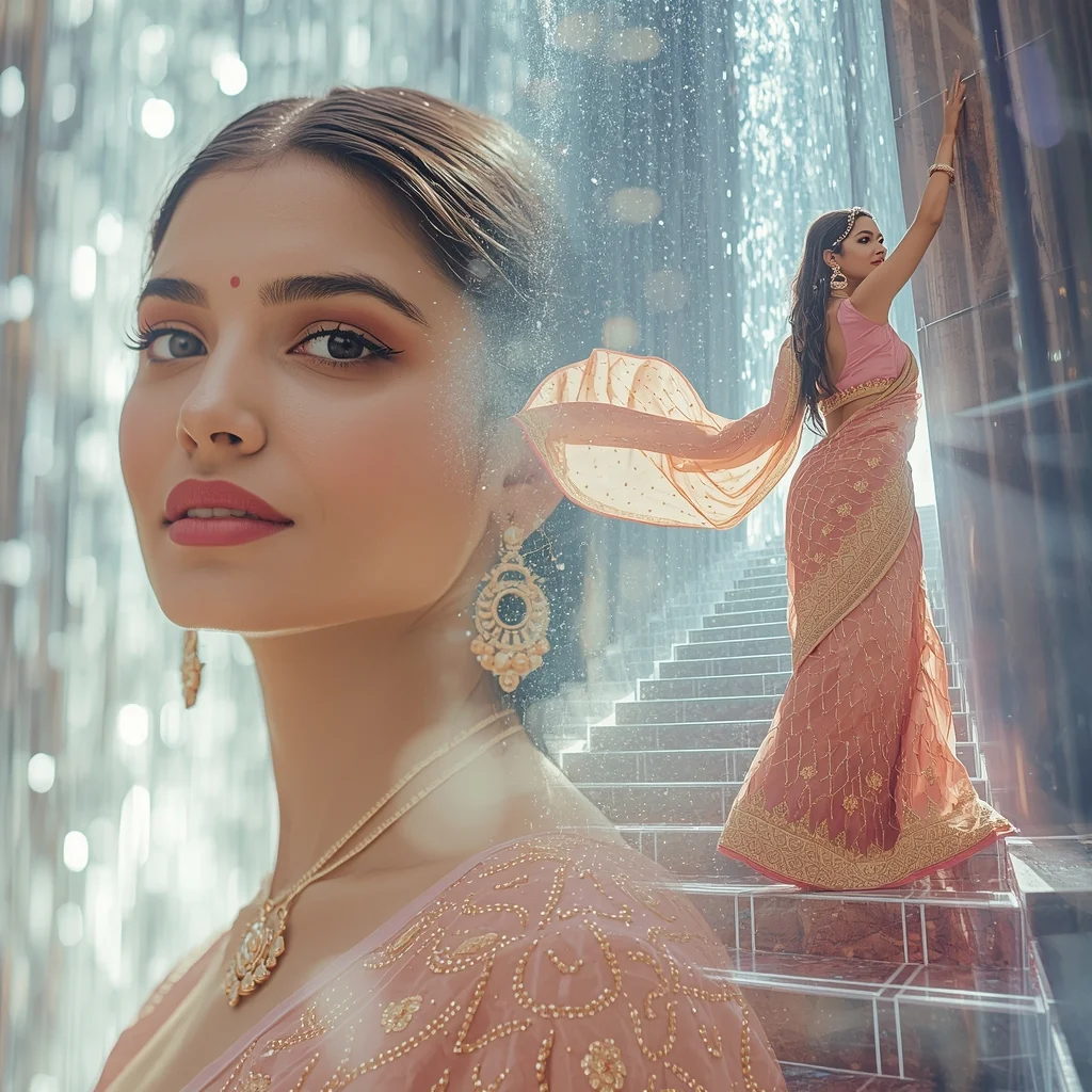 Festive Fancy Saree Gravity Inverted Luminous Waterfall Collage | Gemini Saree Prompt - Girl Prompt