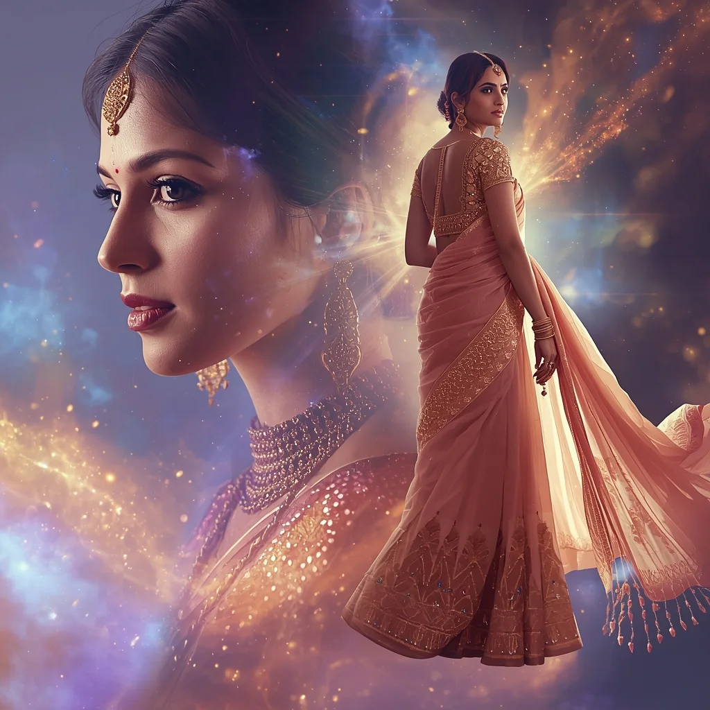 Festive Fancy Saree Nebula Thread Cosmic Loom Collage | Saree Dp Ai Prompt - Girl Prompt