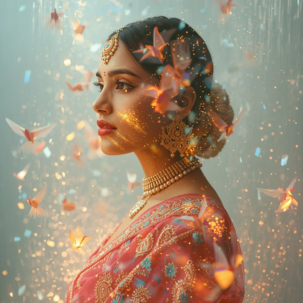Festive Fancy Saree Origami Glass Phoenix Swarm Collage | Saree Dp Ai Prompt - Girl Prompt