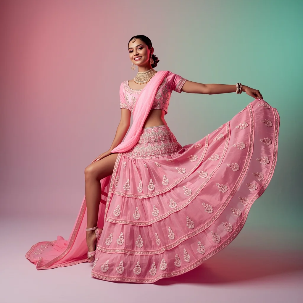 Festive Lehenga Girl Spiral Knee Lift Turn Bloom Pose | Gemini Photo Editing Prompt - Girl Prompt