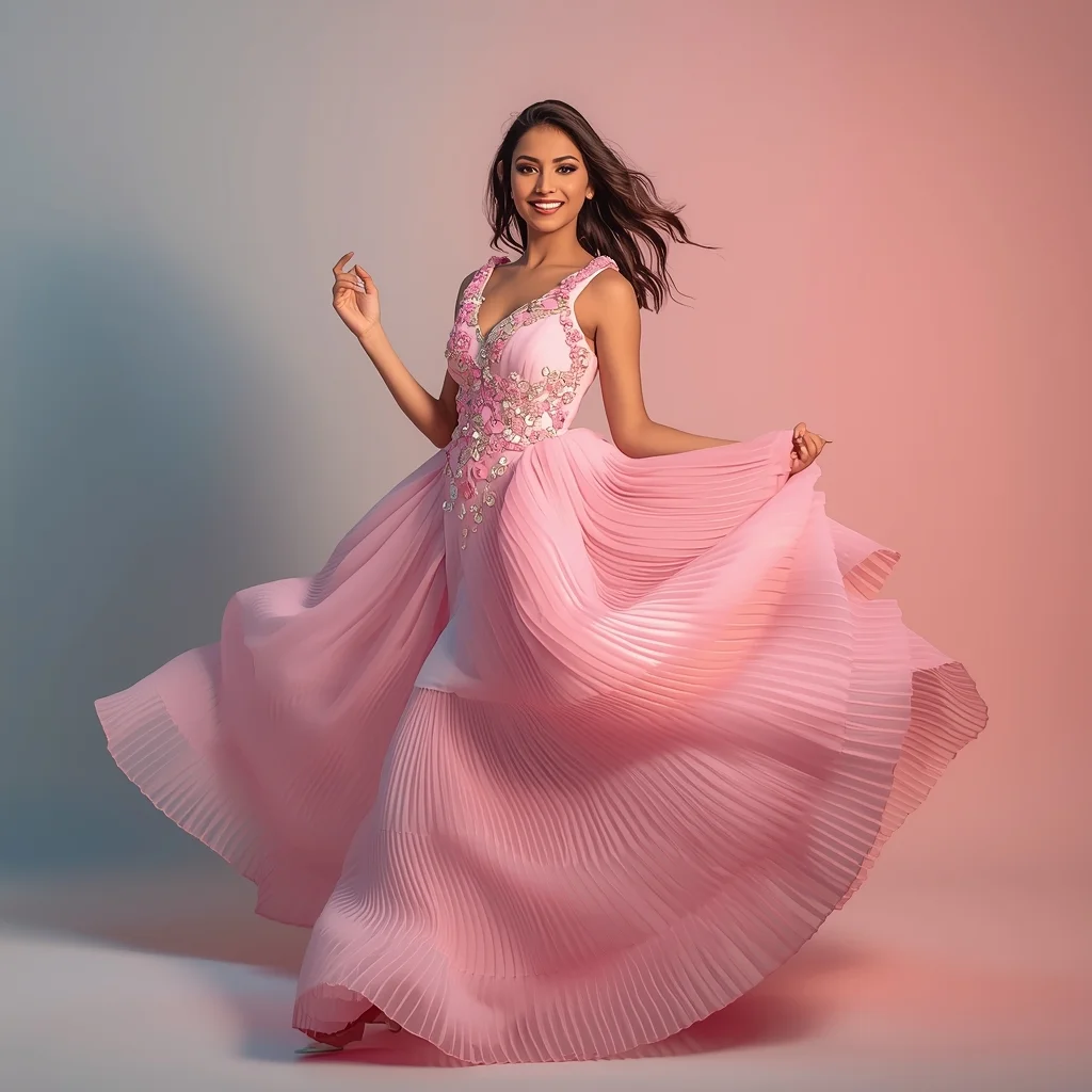 Festive Party Gown Girl Spiral Walk Sweep Motion Pose | Google Prompt - Girl Prompt