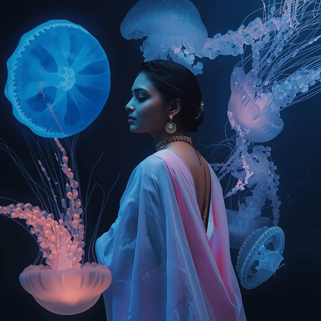 Festive Pastel Saree Abyssal Jellyfish Aura Collage | Indian Girl Deep Sea Aesthetic Cinematic Viral Prompt | Desi Saree Ai Prompt - Girl Prompt