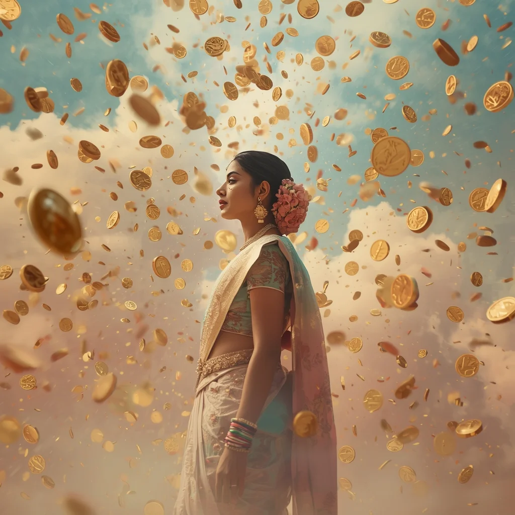Festive Pastel Saree Acoustic Levitation Gold Coin Swarm Collage Luxury Cinematic | Saree Whatsapp Dp Ai Prompt - Girl Prompt