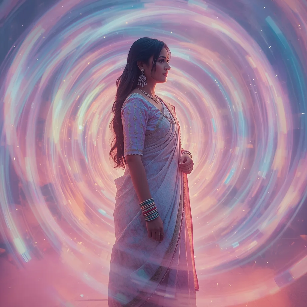 Festive Pastel Saree Aurora Light Spiral Rings Collage Cinematic Aesthetic | Cute Prompt For Girls In Saree - Girl Prompt