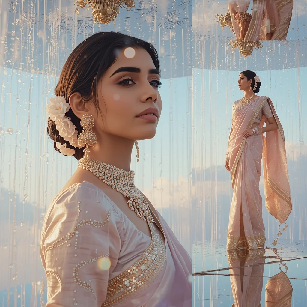 Festive Pastel Saree Celestial Heavenly Mirror Island Collage | Enchanted Crystal Rain Prompt | Saree Prompt For Gemini - Girl Prompt