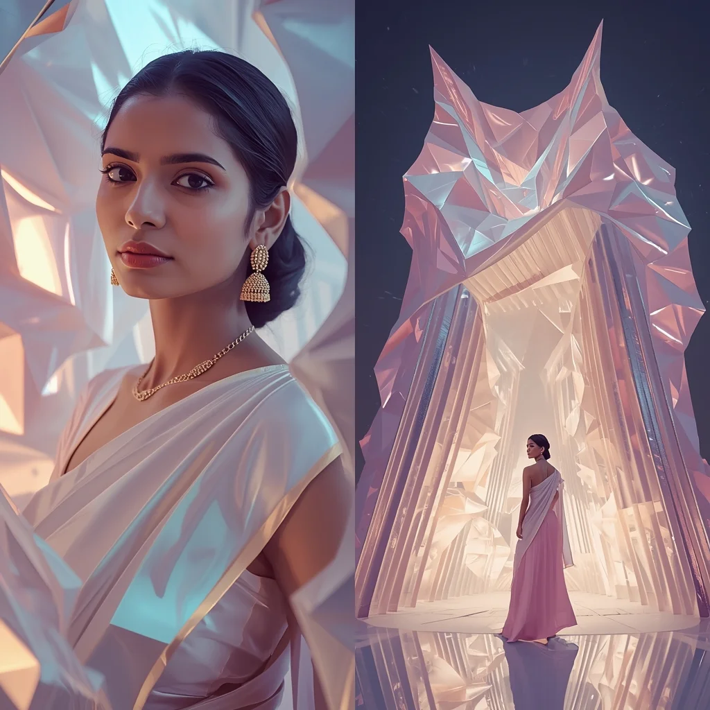 Festive Pastel Saree Celestial Origami Fold Collage | Reality Sculpt Luxury Prompt | Saree Whatsapp Dp Ai Prompt - Girl Prompt