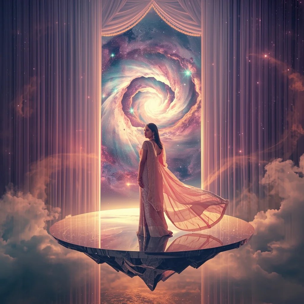Festive Pastel Saree Cosmic Astral Light Curtain Nebula Vortex Mirror Island Crystal Storm Collage | Majestic Eternal Celestium Prompt | Gemini Saree Prompt For Girl - Girl Prompt