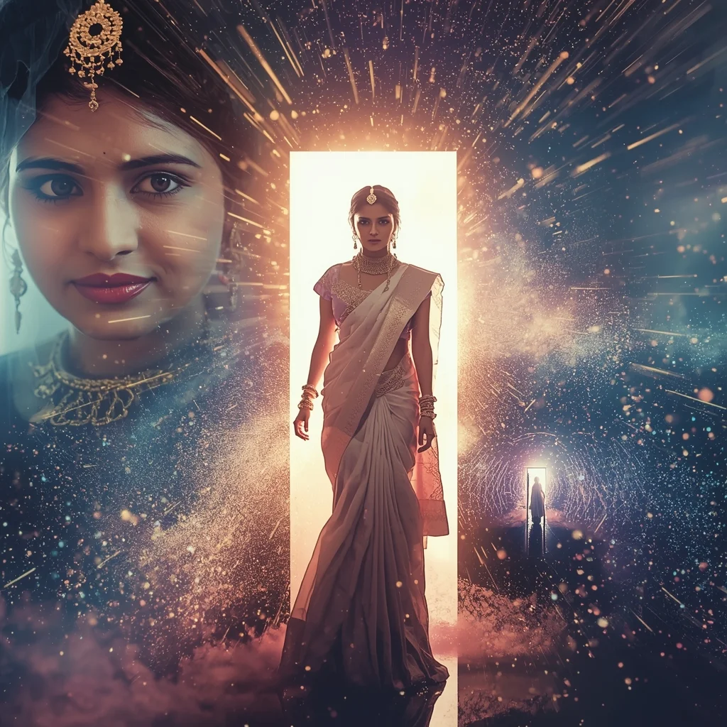 Festive Pastel Saree Cosmic Portal Infinity Tunnel Particle Flow Collage | Indian Girl Galaxy Entry Depth Motion Aesthetic Cinematic Viral Prompt | Prompt For Gemini Saree - Girl Prompt