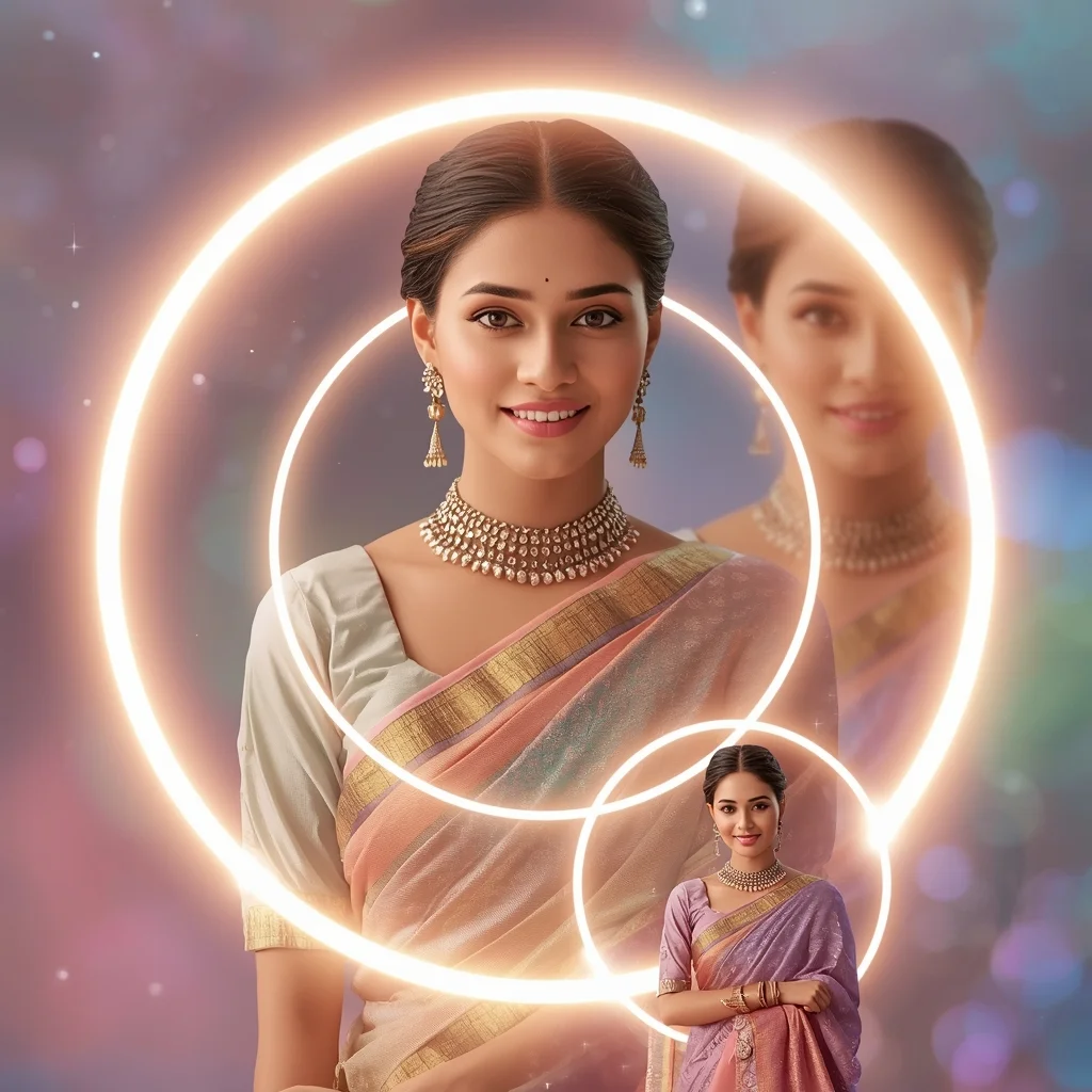 Festive Pastel Saree Cosmic Ring Collage | Indian Girl Galaxy Glow Aesthetic Soft Cinematic Viral Prompt | Bridal Saree Ai Prompt For Instagram Reel - Girl Prompt