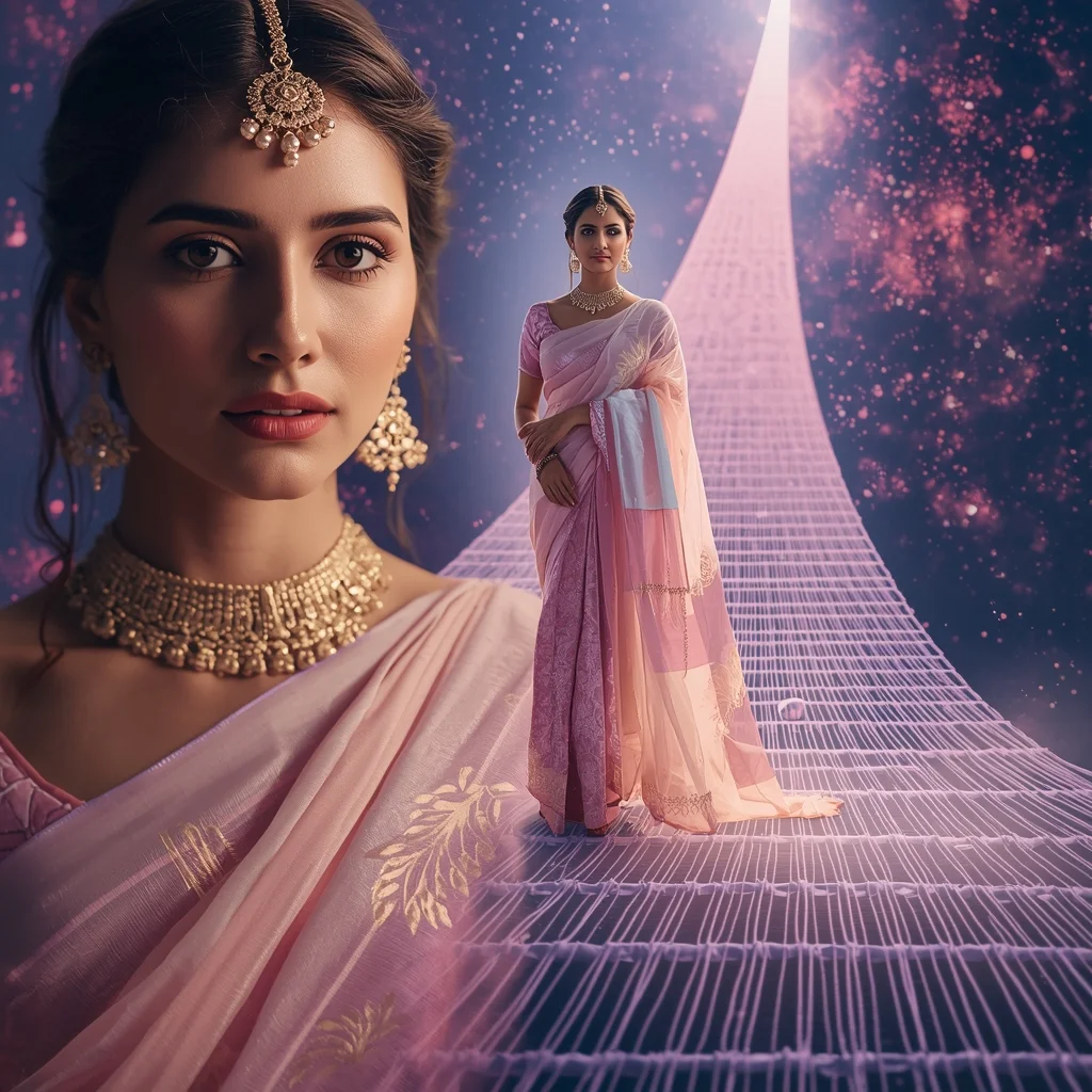 Festive Pastel Saree Cosmic Silk Bridge Collage | Infinity Passage Luxury Prompt | Indian Girl Saree Ai Prompt 4k Realistic - Girl Prompt