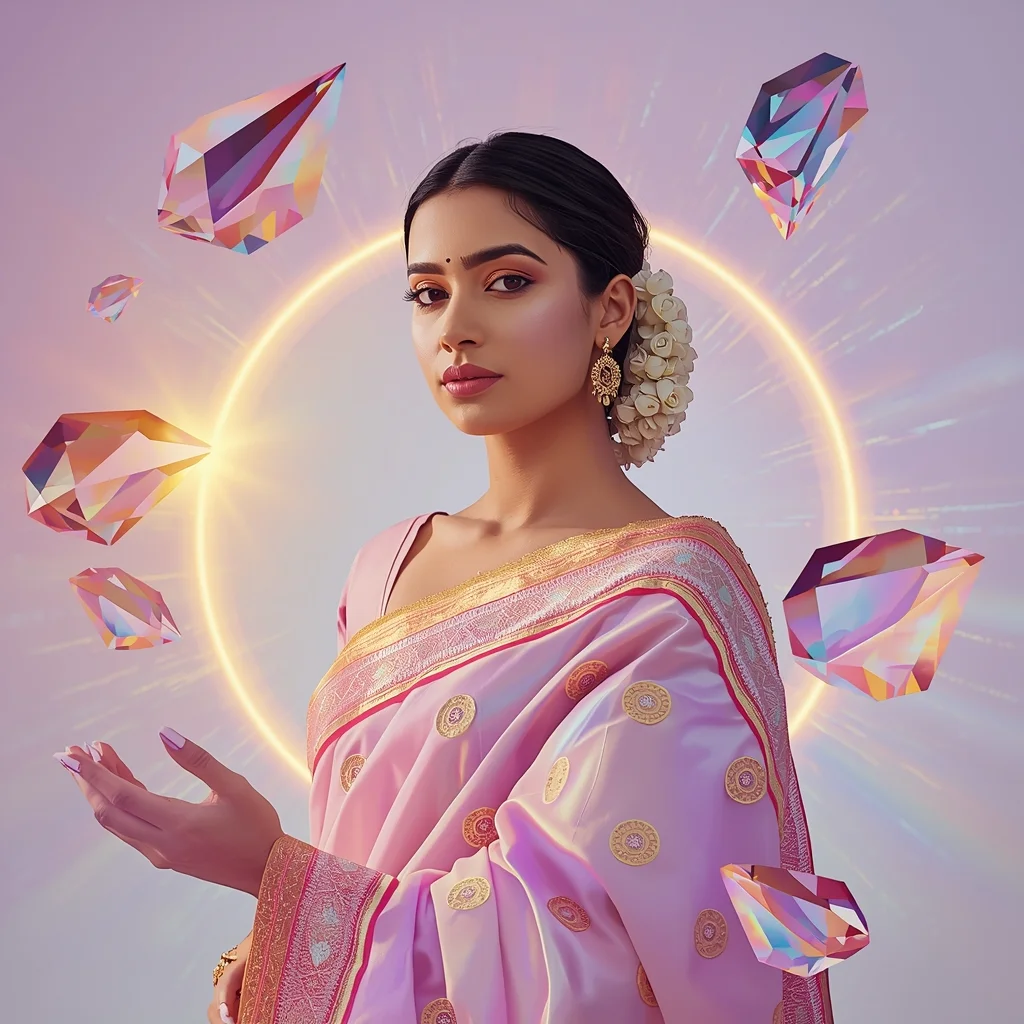 Festive Pastel Saree Crystal Prism Light Split Energy Ring Collage | Indian Girl Rainbow Reflection Glow Aesthetic Cinematic Viral Prompt | Traditional Saree Ai Prompt - Girl Prompt