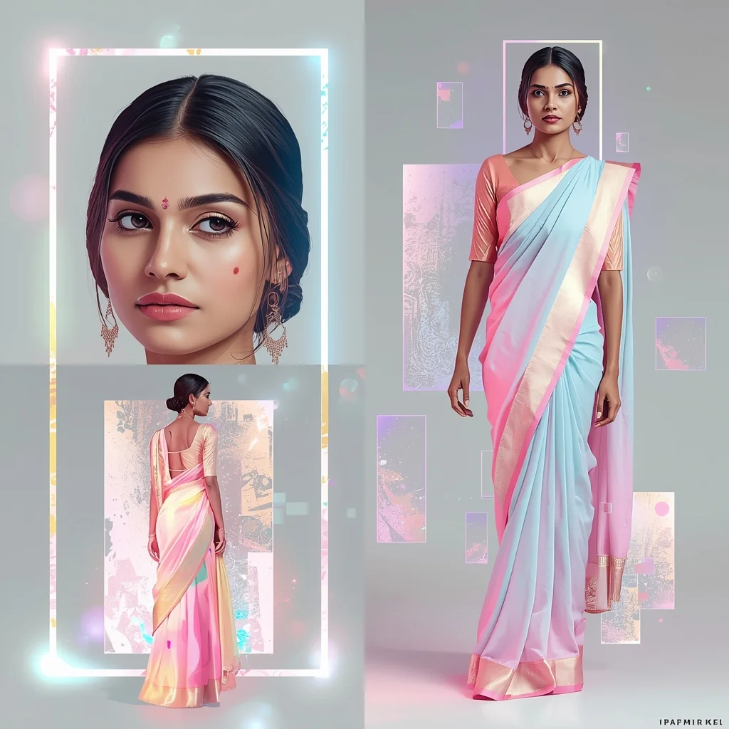 Festive Pastel Saree Digital Pixel Melt Holographic Frame Orbit Collage | Indian Girl Tech Fashion Dissolve Aesthetic Cinematic Viral Prompt | Saree Instagram Ai Prompt - Girl Prompt