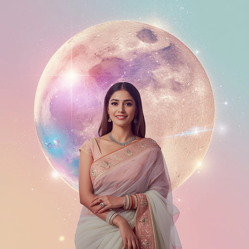 Festive Pastel Saree Dissolving Diamond Moon Nebula Collage Premium Cinematic | Trending Photo Editing Prompt - Girl Prompt