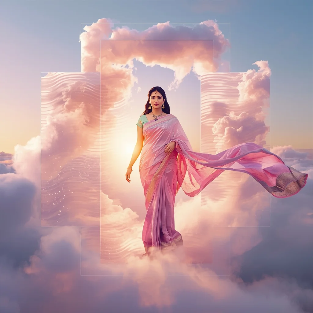 Festive Pastel Saree Dream Portal Cloud Ripple Wave Frame Dissolve Collage | Indian Girl Soft Transition Fantasy Aesthetic Cinematic Viral Prompt | Saree Prompt For Instagram - Girl Prompt