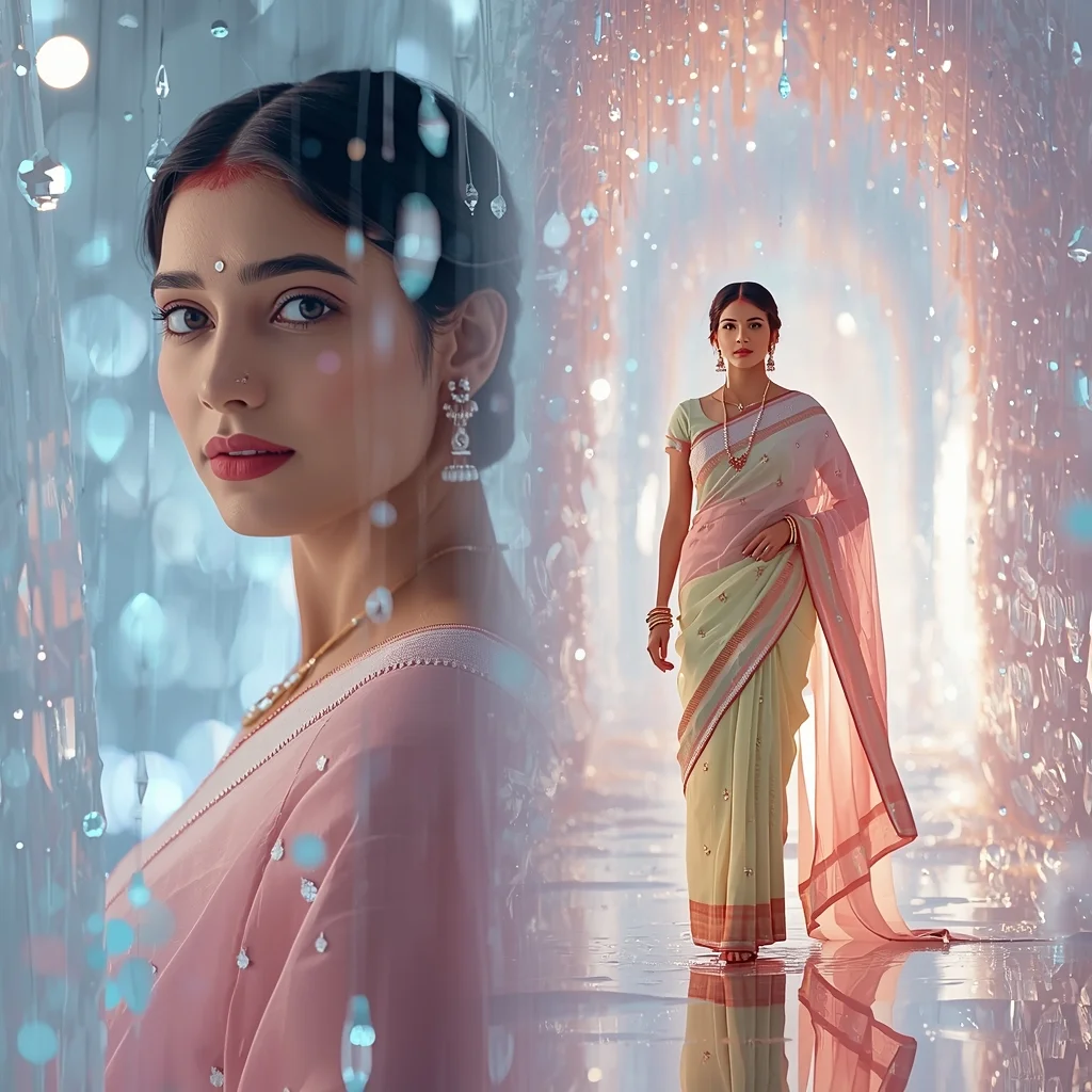 Festive Pastel Saree Enchanting Mystical Ethereal Crystal Tunnel Collage | Magical Fantasy Prompt | Saree Prompt For Instagram - Girl Prompt