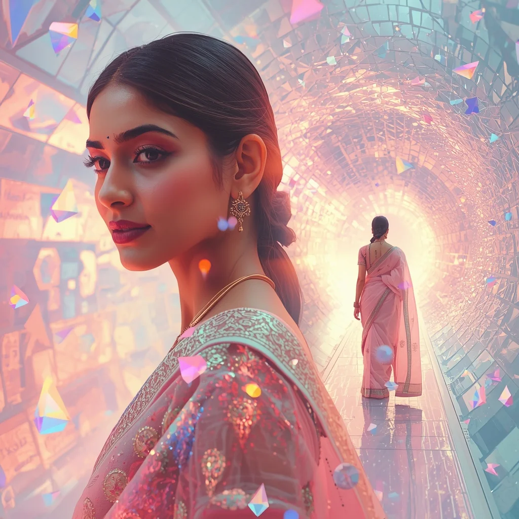 Festive Pastel Saree Ethereal Prism Crystal Tunnel Magnetic Mirage Tornado Storm Collage | Spiral Fantasy Celestium Prompt | Saree Selfie Ai Prompt - Girl Prompt