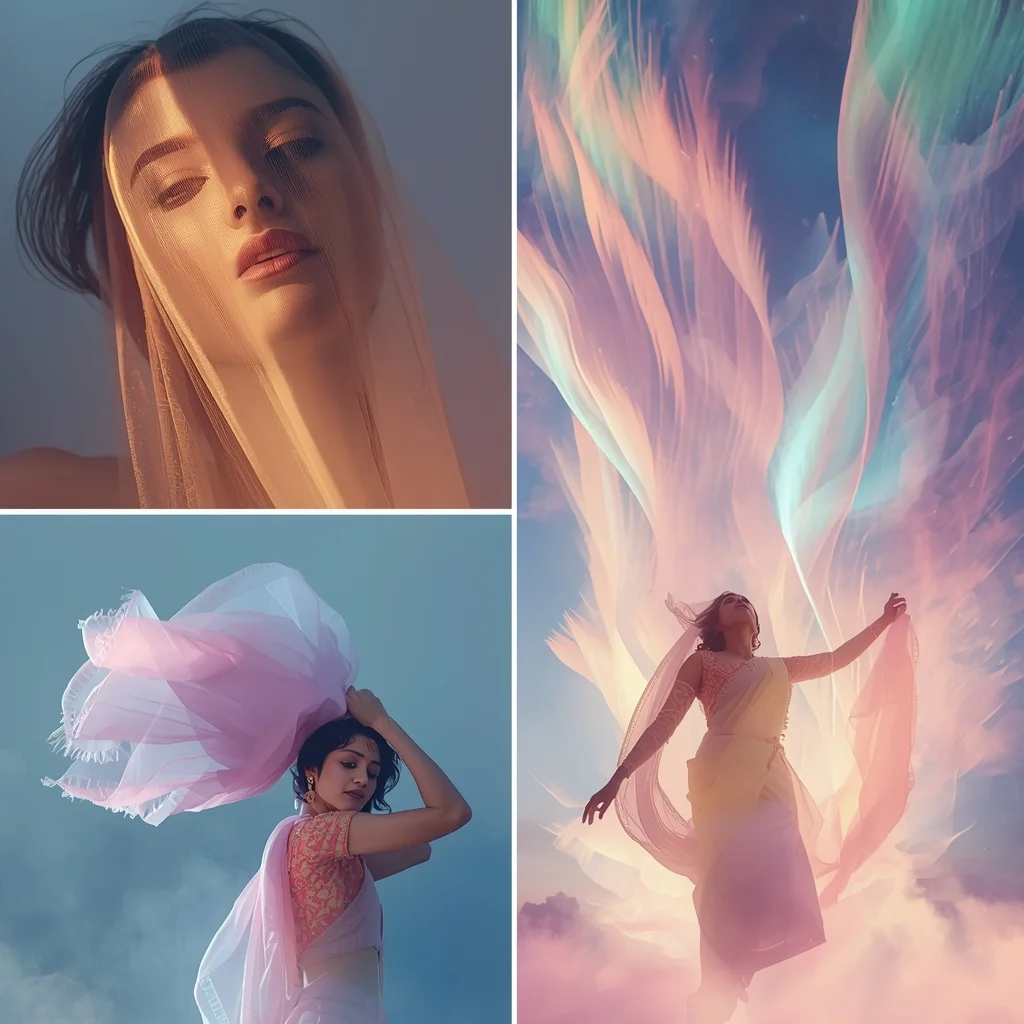 Festive Pastel Saree Floating Fabric Gravity Shift Aurora Wave Collage | Indian Girl Sky Flow Dream Motion Aesthetic Cinematic Viral Prompt | Gemini Saree Prompt - Girl Prompt