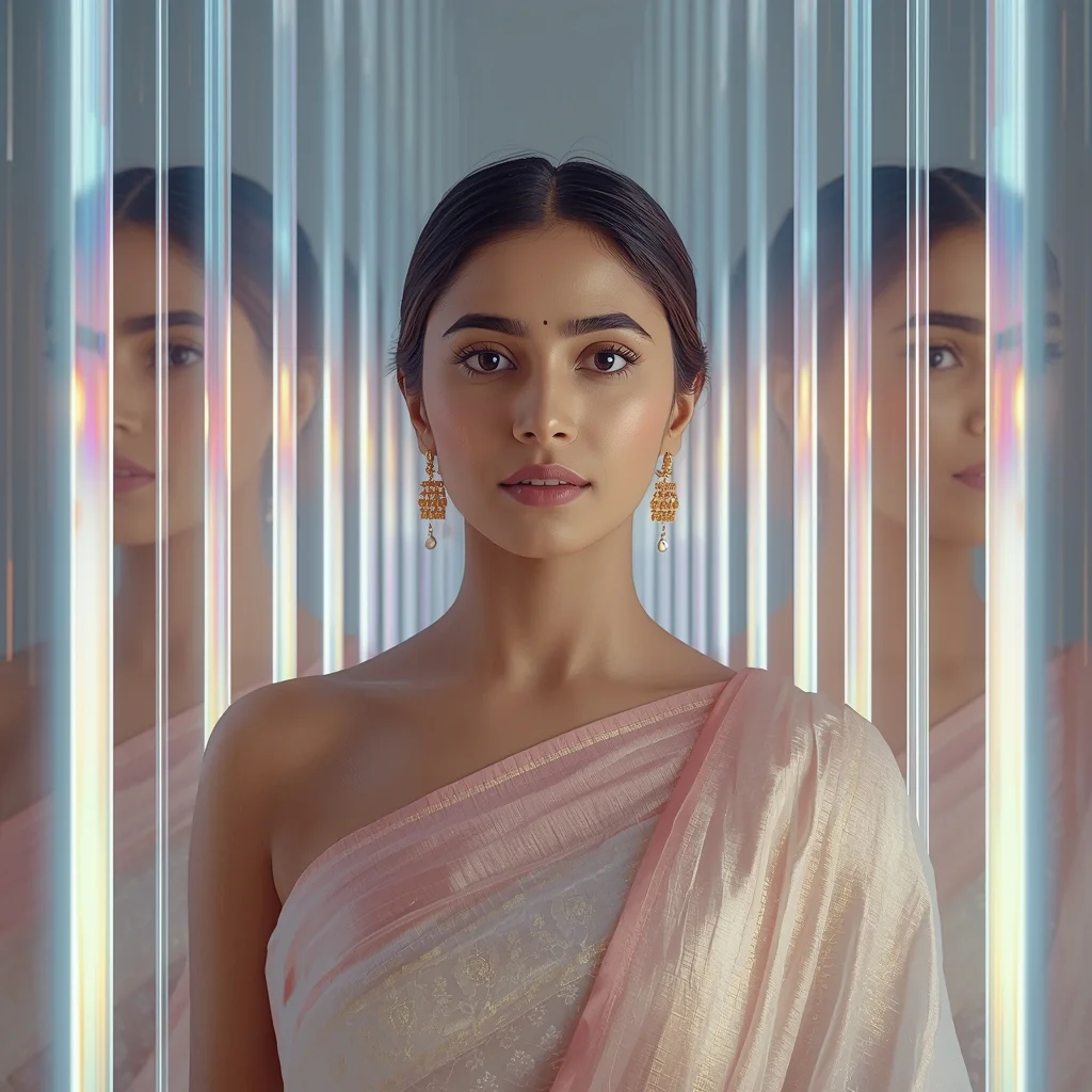 Festive Pastel Saree Front Portrait Crystal Light Beam Prompt with Vertical Glow Lines and Cinematic Depth | Prompt Seen Saree Girl - Girl Prompt