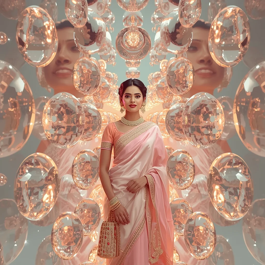 Festive Pastel Saree Front Portrait Crystal Orb Layers Prompt with Floating Spheres and Cinematic Depth | Prompt For Gemini Girl Style Trending - Girl Prompt