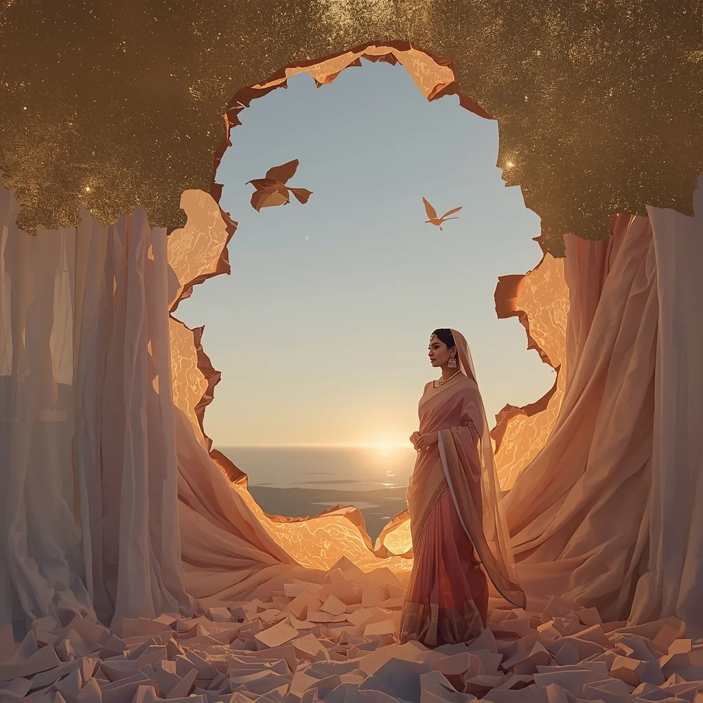 Festive Pastel Saree Golden Silk Reality Tear Horizon Collage | Fabric of Existence Empress Prompt | Saree Dp Ai Prompt - Girl Prompt