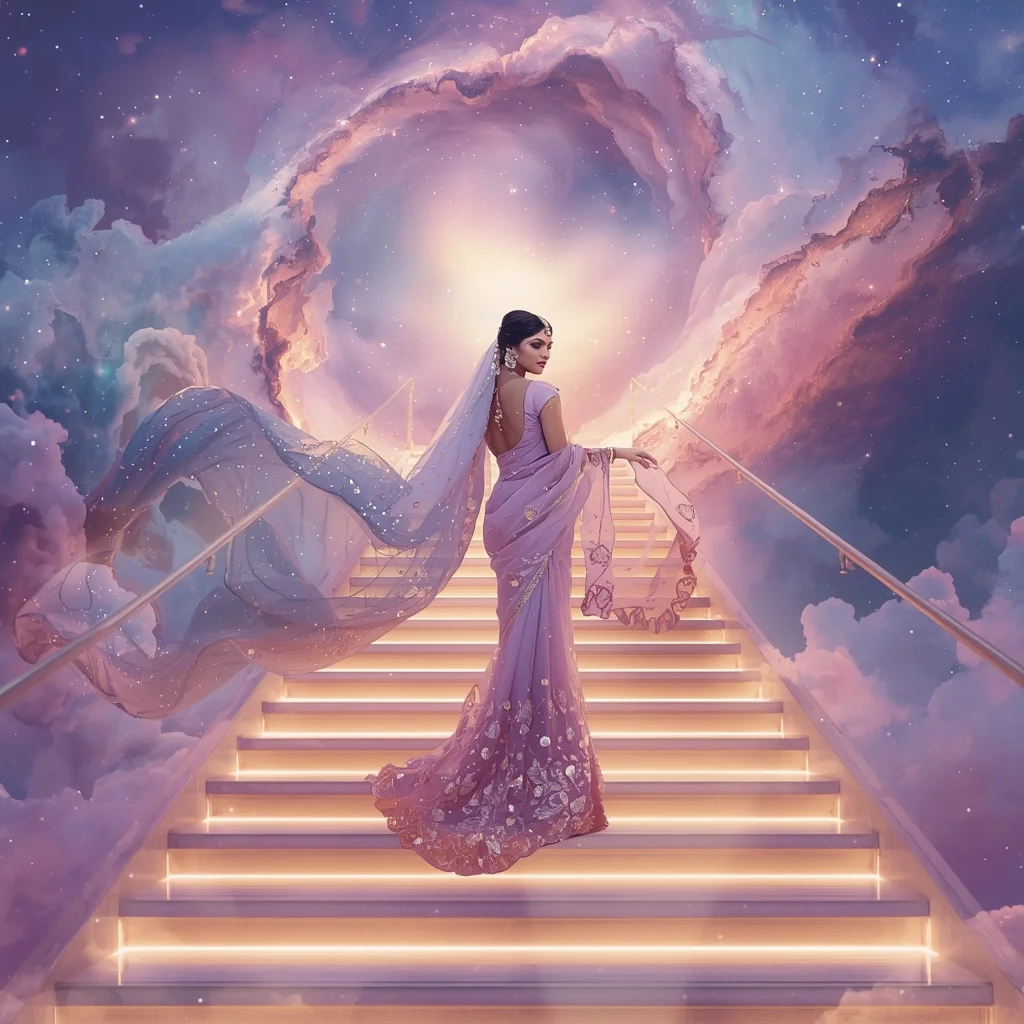 Festive Pastel Saree Grand Majestic Infinite Cosmic Staircase Collage | Nebula Galaxy Prompt | Saree Prompt Copy Paste - Girl Prompt
