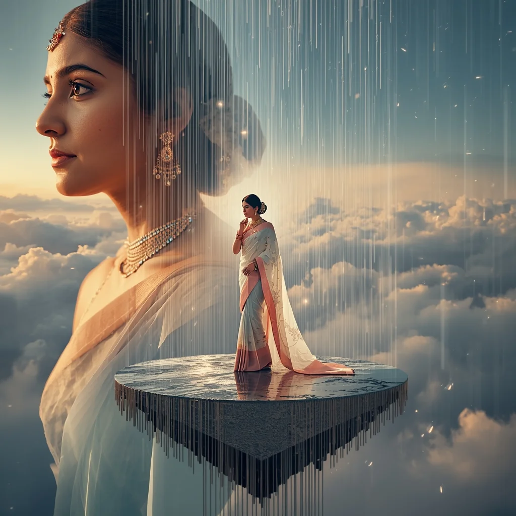 Festive Pastel Saree Heavenly Celestial Mirror Island Collage | Enchanted Crystal Rain Prompt | Saree Couple Ai Prompt - Girl Prompt