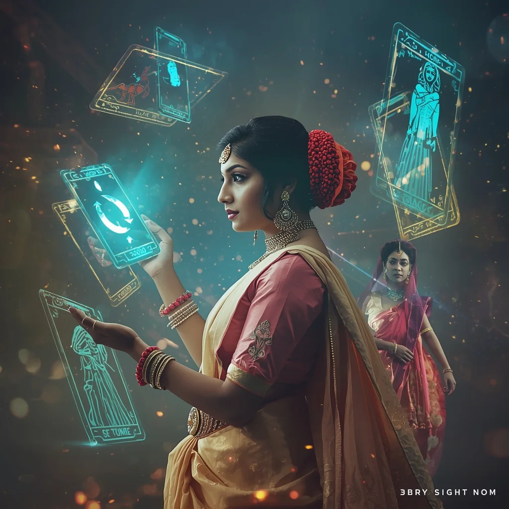 Festive Pastel Saree Holographic Tarot Collage | Indian Girl Arcana Floating Aesthetic Cinematic Viral Prompt | Saree Prompt - Girl Prompt