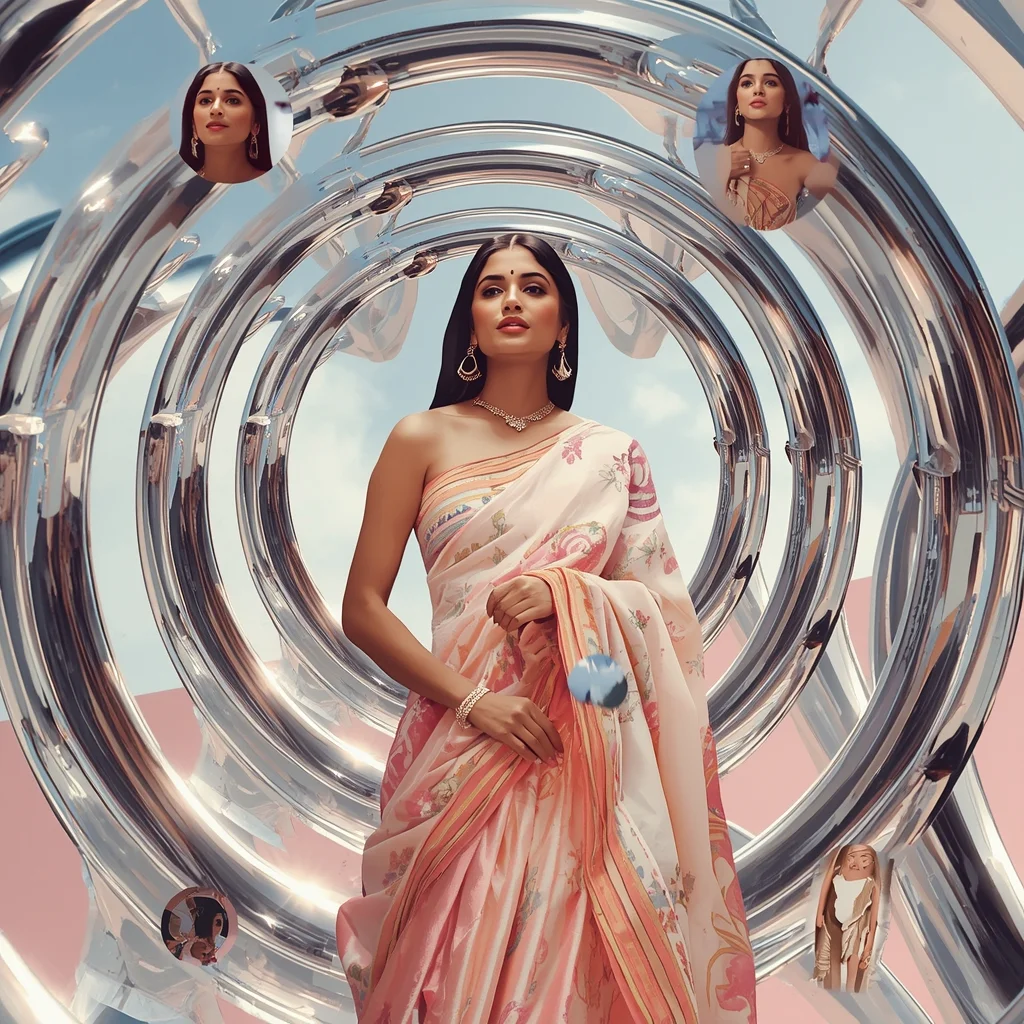 Festive Pastel Saree Hovering Liquid Mercury Corset Collage Cinematic Aesthetic | New Ai Prompt For Image Generation Free - Woman Pose AI Image Prompt
