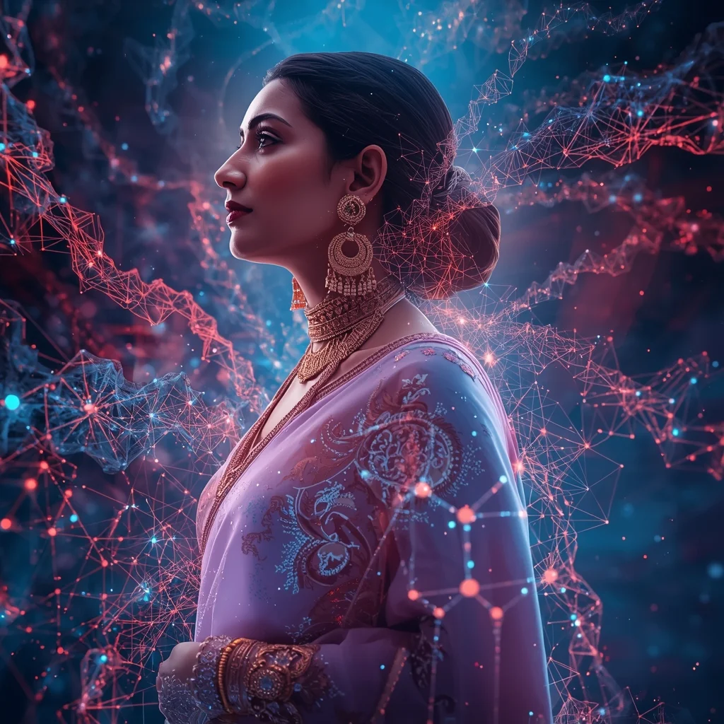 Festive Pastel Saree Infinite Neon Fractal Neural Universe Collage | AI Consciousness Empress Prompt | Saree Prompt Copy Paste - Girl Prompt