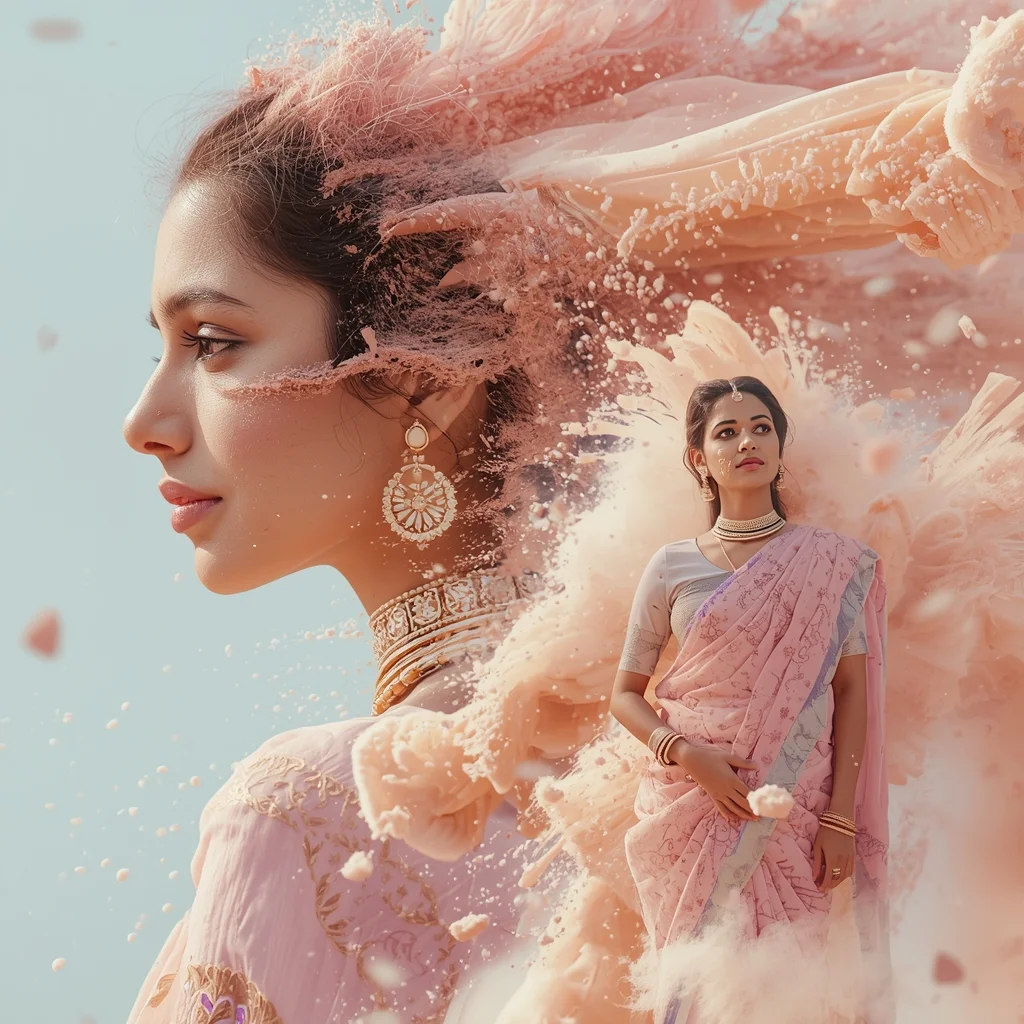 Festive Pastel Saree Kinetic Sandstorm Collage | Indian Girl Disintegration Aesthetic Cinematic Viral Prompt | Indian Bride Saree Ai Prompt - Girl Prompt