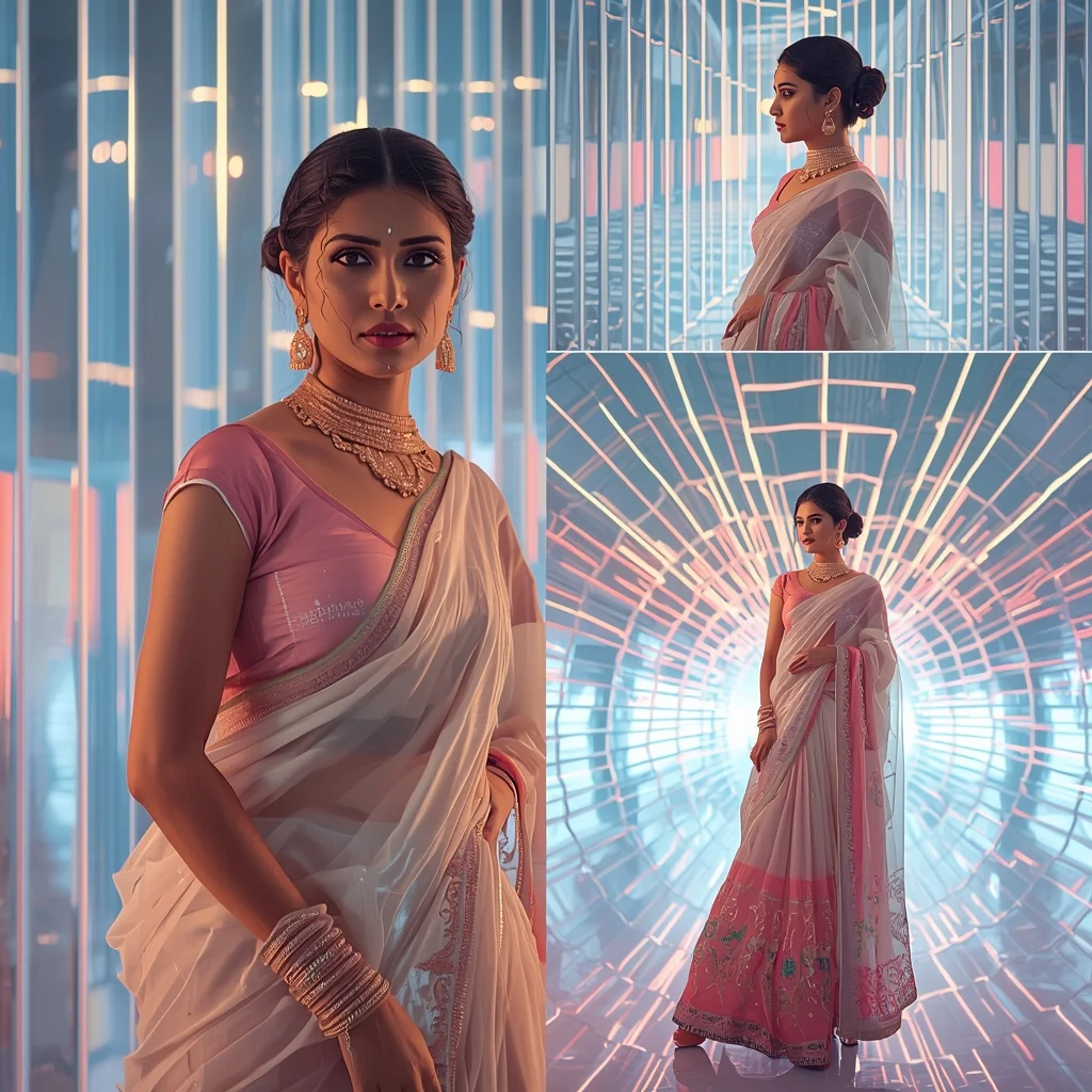 Festive Pastel Saree Light Cage Crystal Tunnel Energy Pulse Collage | Indian Girl Glow Structure Infinite Depth Aesthetic Cinematic Viral Prompt | Saree Prompt - Girl Prompt