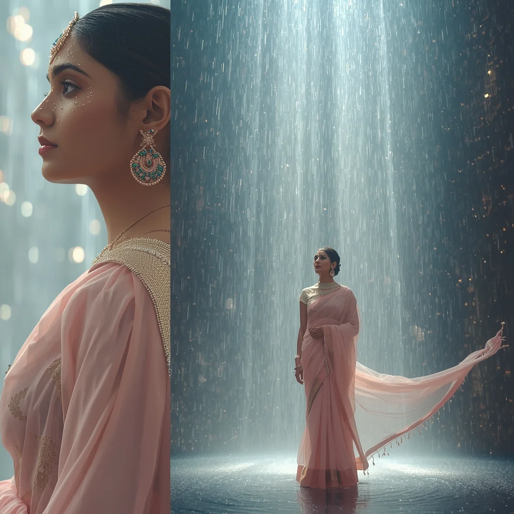 Festive Pastel Saree Light Gravity Waterfall Collage | Reverse Flow Luxury Prompt | Gemini Saree Ai Photo Prompt - Girl Prompt
