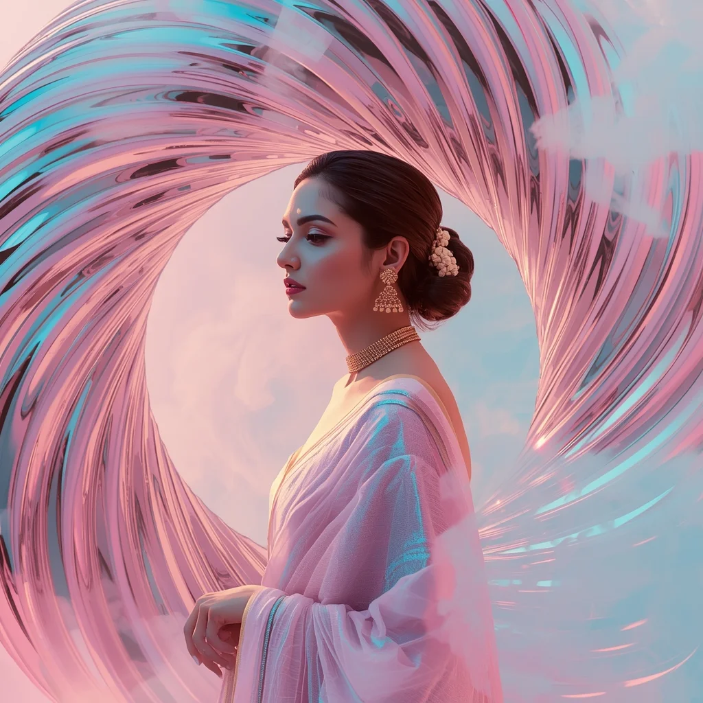Festive Pastel Saree Liquid Chrome Vapor Torus Collage Modern Cinematic | Chat Gpt Prompt Link - Girl Prompt