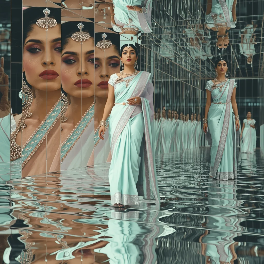 Festive Pastel Saree Liquid Mirror Time Distortion Corridor Collage | Chrono Reflection Empress Prompt | Saree Prompt For Women - Girl Prompt