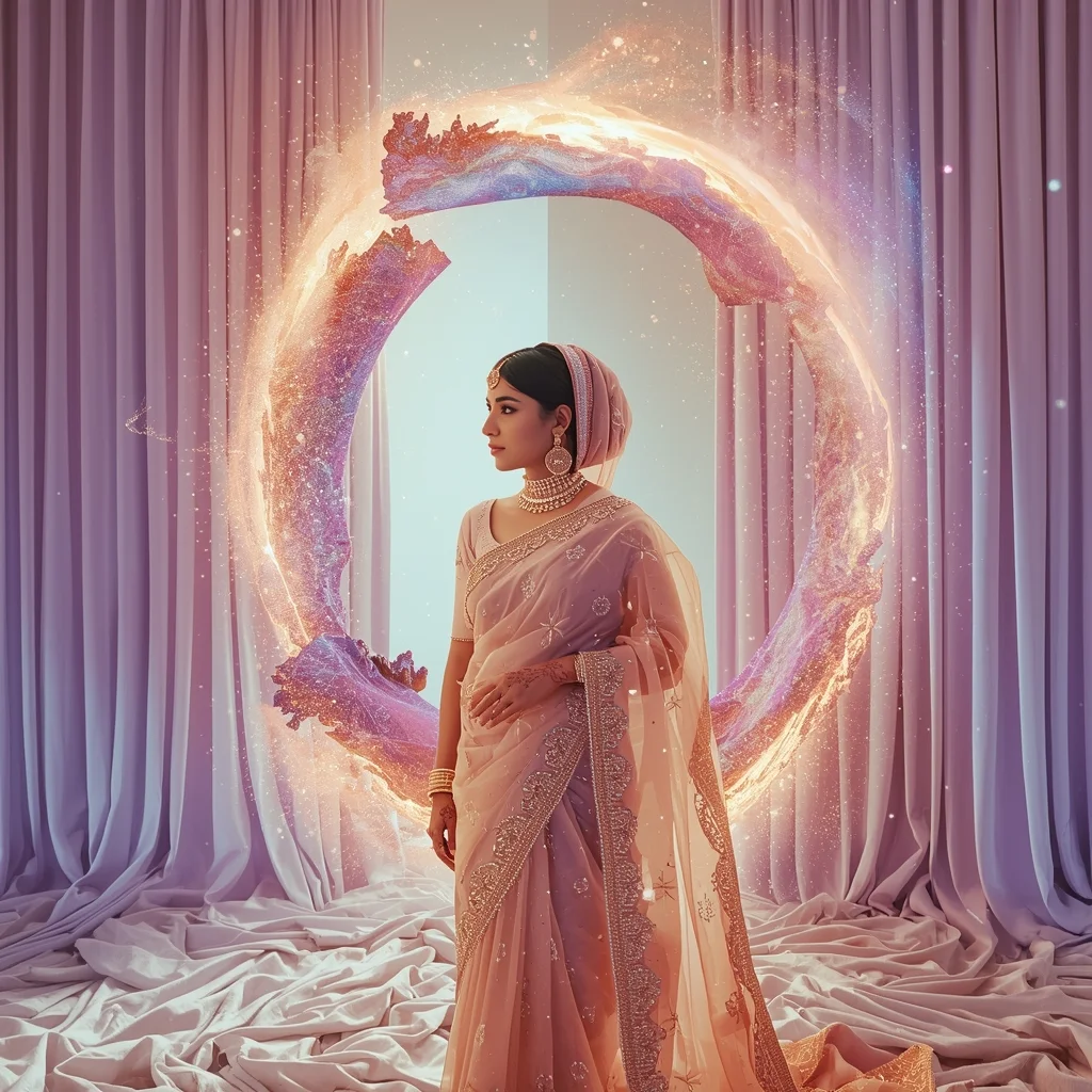 Festive Pastel Saree Magnetic Celestium Veil Curtain Galaxy Particle Storm Dissolve Collage | Dramatic Cosmic Eternal Prompt | Beautiful Saree Girl Ai Prompt Cinematic - Girl Prompt