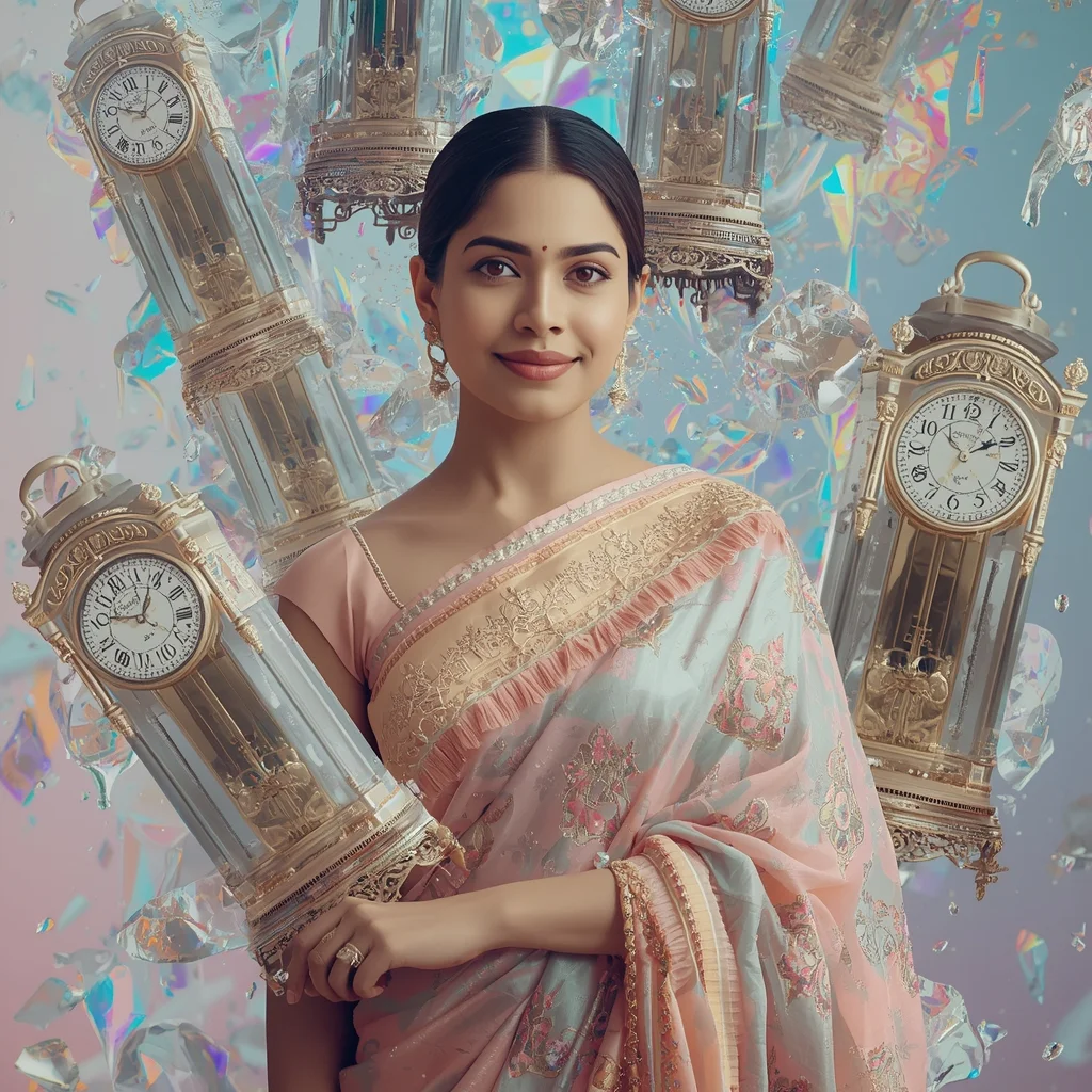 Festive Pastel Saree Melting Clockwork Quartz Collage Premium Cinematic | Saree Prompt For Gemini Girl In English - Girl Prompt