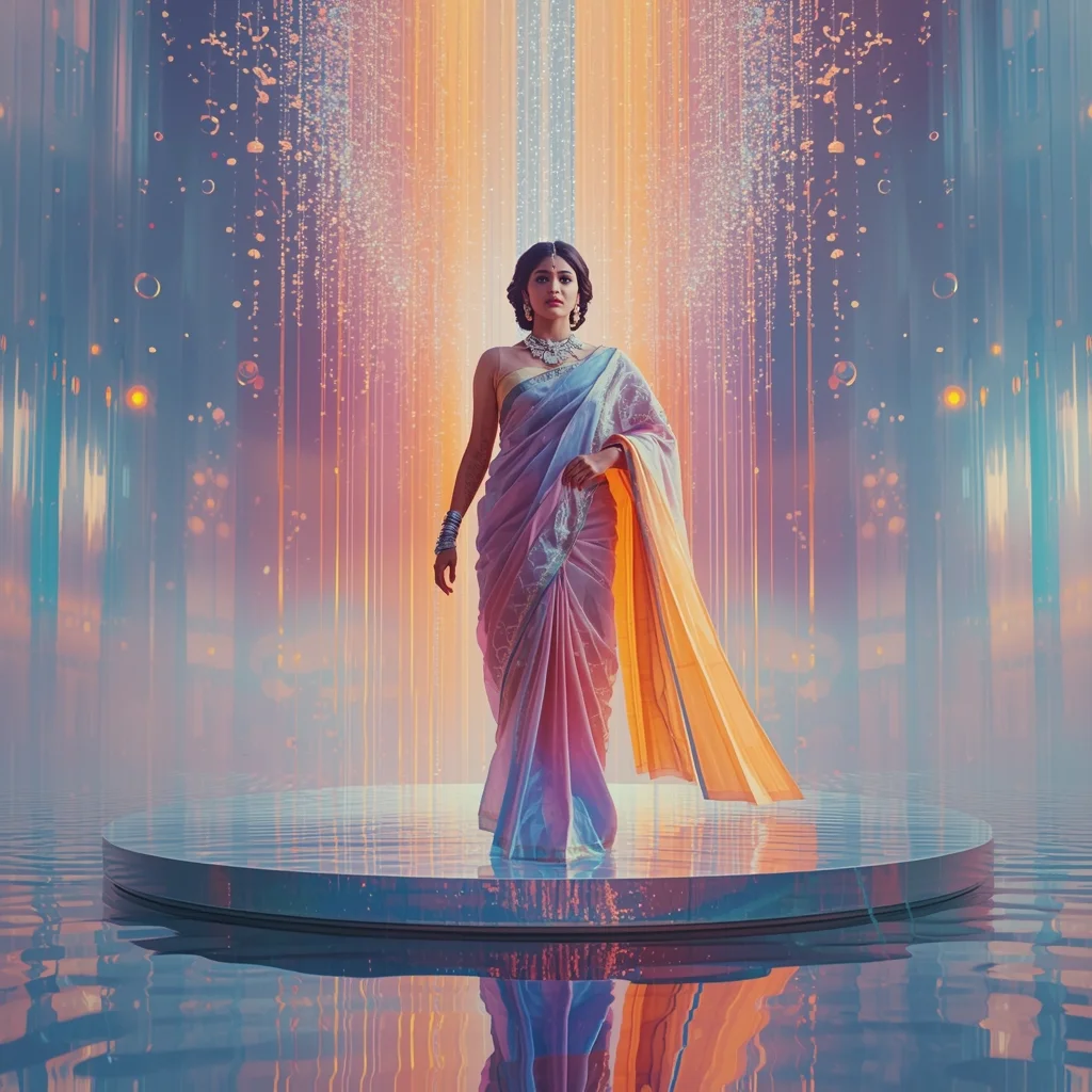 Festive Pastel Saree Mirage Veil Holographic Crystal Astral Waterfall Prism Portal Collage | Ultimate Dream Realm Prompt | Gemini Saree Prompt For Instagram - Woman Pose AI Image Prompt