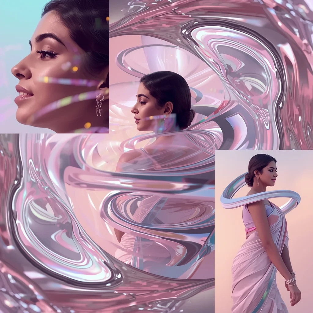 Festive Pastel Saree Mirror Ribbon Collage | Indian Girl Reflection Motion Aesthetic Soft Cinematic Viral Prompt | Gemini Ai Prompt Saree Copy Paste - Girl Prompt