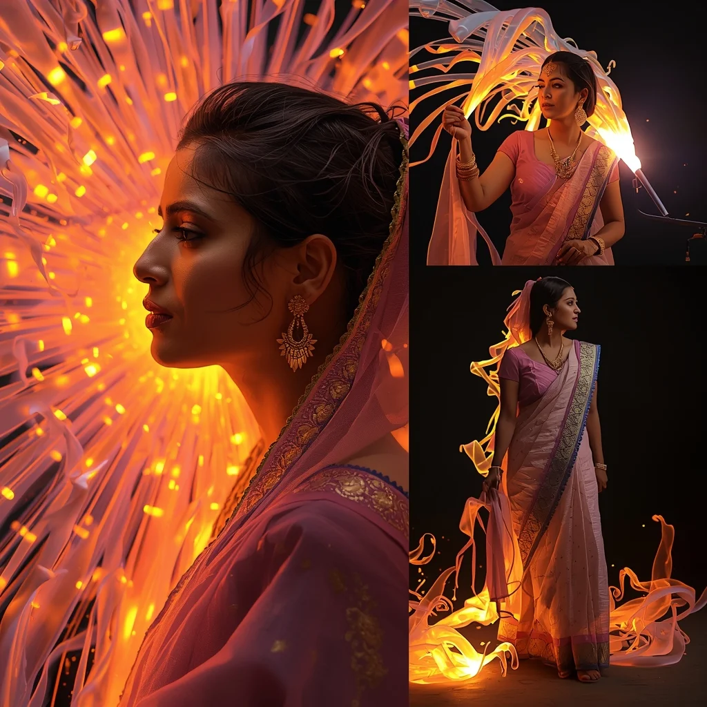 Festive Pastel Saree Molten Glass Blowing Collage | Indian Girl Fluid Fire Aesthetic Cinematic Viral Prompt | Prompt For Gemini Saree - Girl Prompt