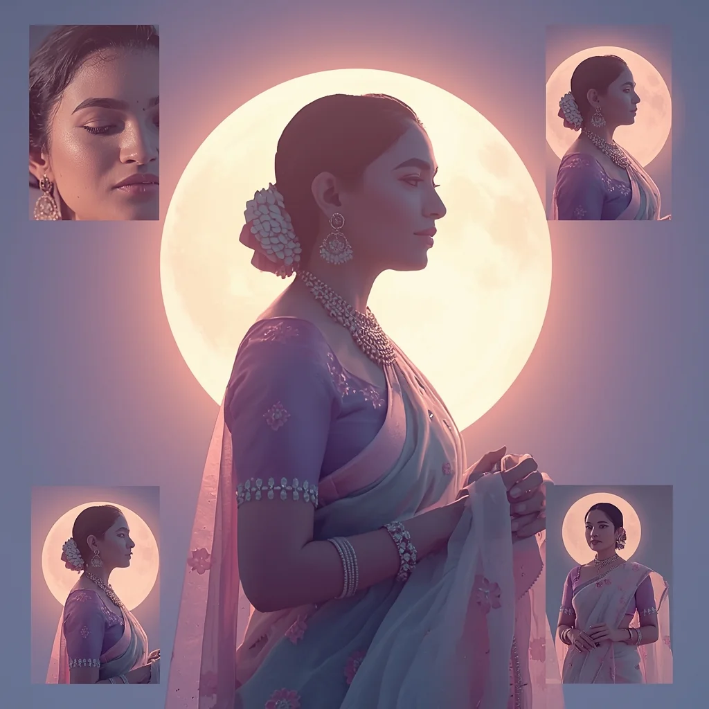 Festive Pastel Saree Moon Halo Collage | Indian Girl Night Glow Aesthetic Soft Cinematic Viral Prompt | Gemini Saree Prompt For Instagram - Girl Prompt