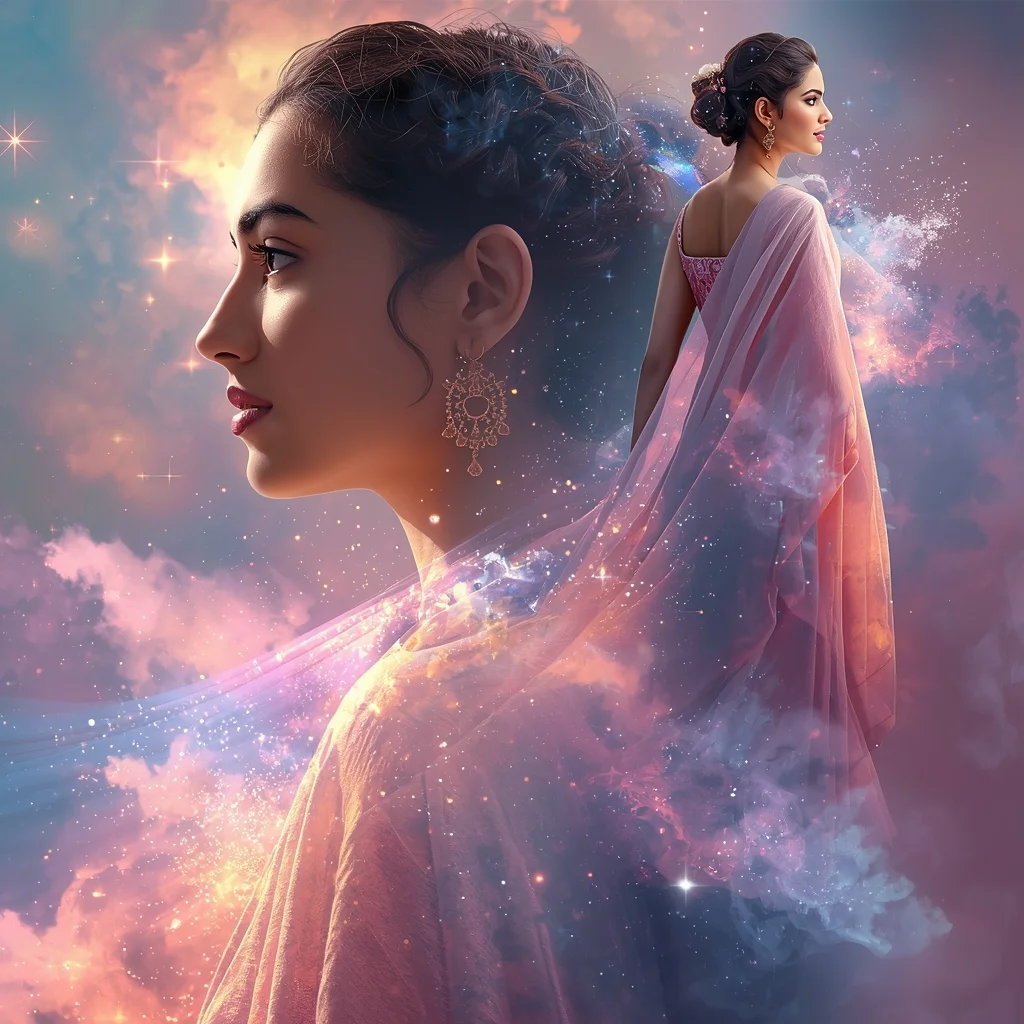 Festive Pastel Saree Nebula 3D Fabric Weave Collage | Indian Girl Cosmic Textile Aesthetic Cinematic Viral Prompt | New Trending Prompt Chatgpt Link - Woman Pose AI Image Prompt