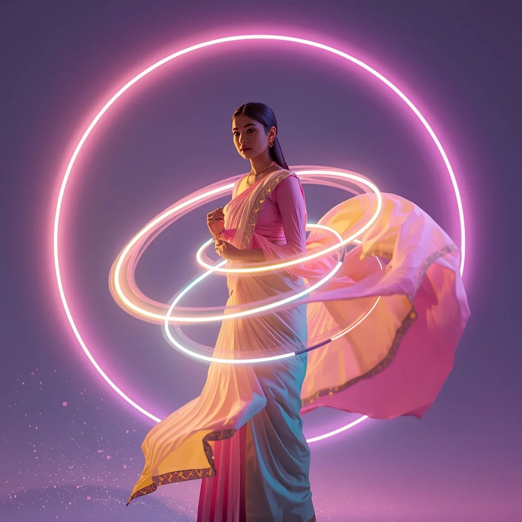 Festive Pastel Saree Neon Light Ribbon Orbit Time Loop Collage | Indian Girl Flow Motion Circular Energy Aesthetic Cinematic Viral Prompt | Modern Saree Ai Prompt - Girl Prompt