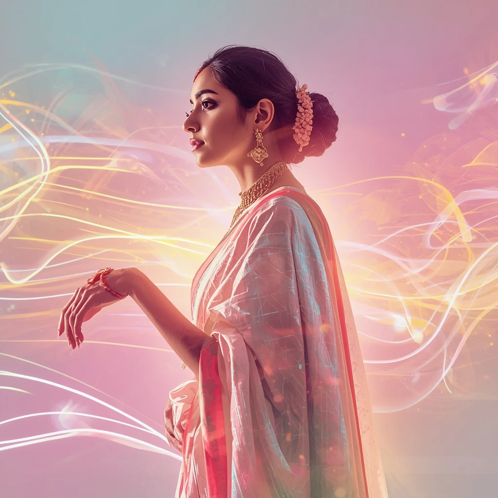 Festive Pastel Saree Neon Pulse Data Stream Collage Modern Cinematic | New Ai Prompt Girl Download - Girl Prompt